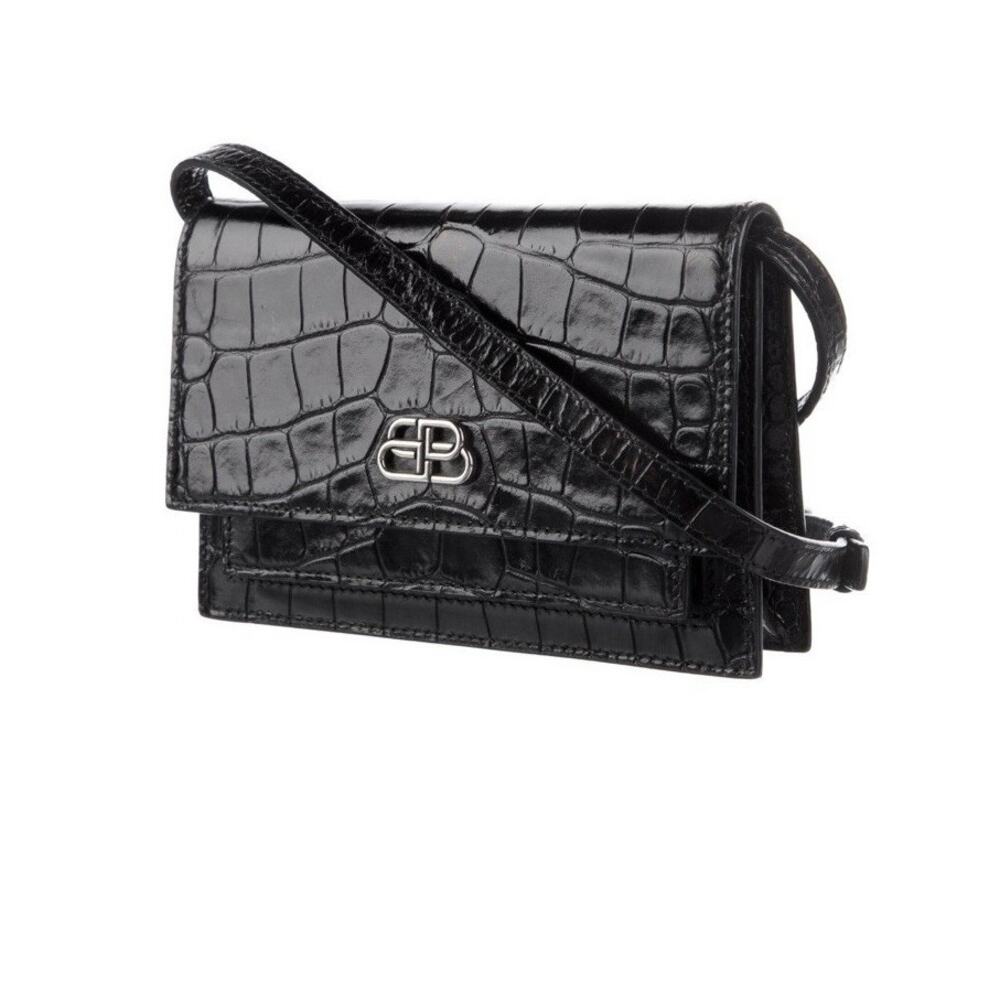 Balenciaga Sharp XS Black Croc Embossed Leather Belt Crossbody Bag NWT